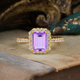 2 Carat Emerald Cut Amethyst 4 Prong Engagement Ring Pave Halo Bridal Ring